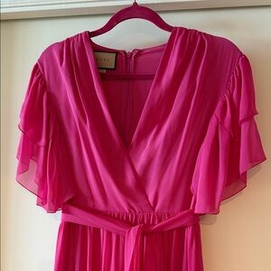 GUCCI Silk Georgette Long Dress Fuchsia Dress with Ruffle Sleeves and Bottoms